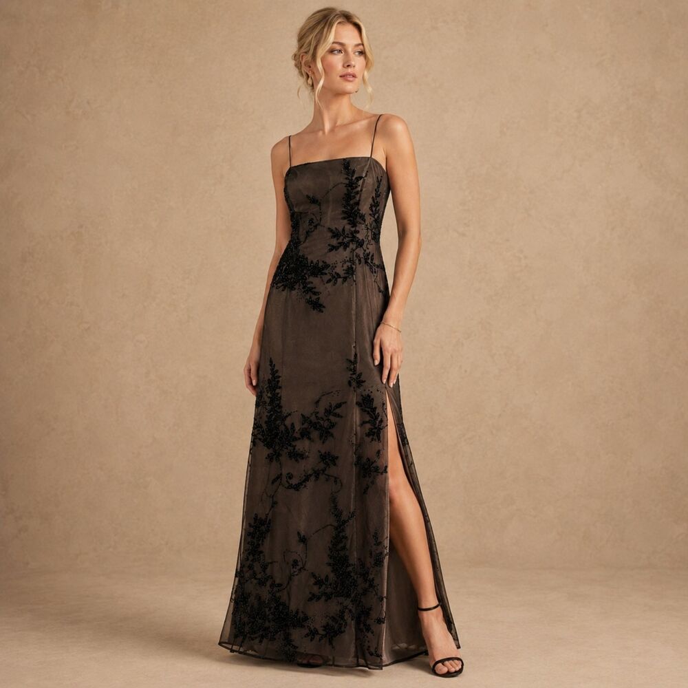 VTG 90s Adrianna Papell Black Beaded Slip Dress, 6, Formal Whimsigoth Gown